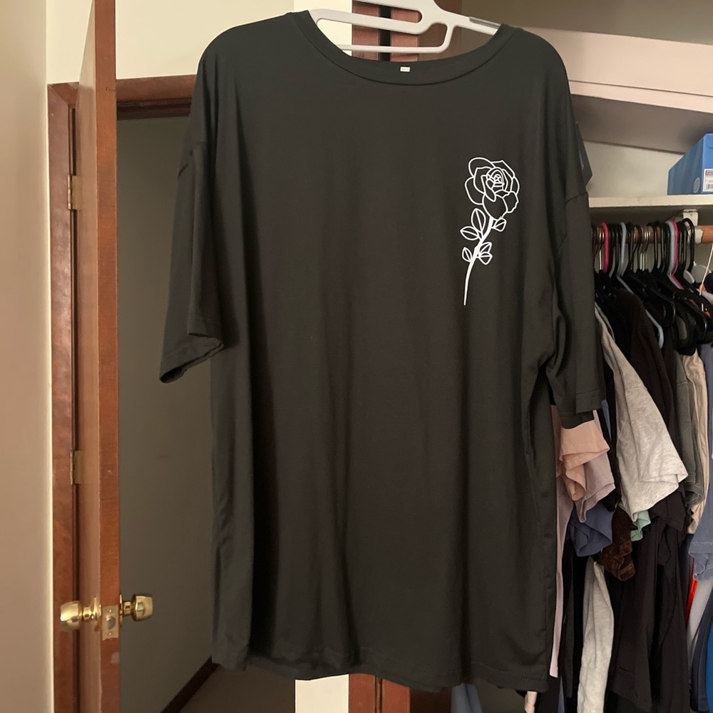 Black Graphic T-Shirt with Rose Design